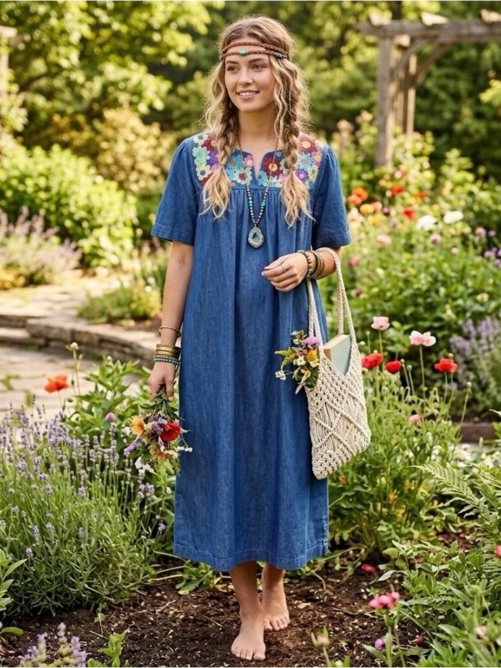 VTG Denim Dress Women's Size L Embroidered Floral 100% Cotton Natural Modest